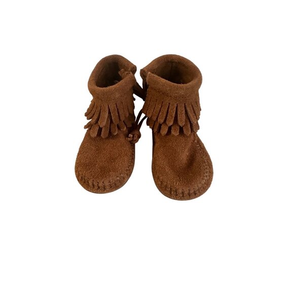Minnetonka Brown Fringe Suede Baby Booties Size 3 Moccasins Western Style - Picture 1 of 11